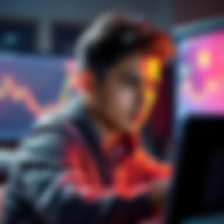 Person looking at Dogecoin chart Individual monitoring Dogecoin price trends on a computer, showing investment commitment