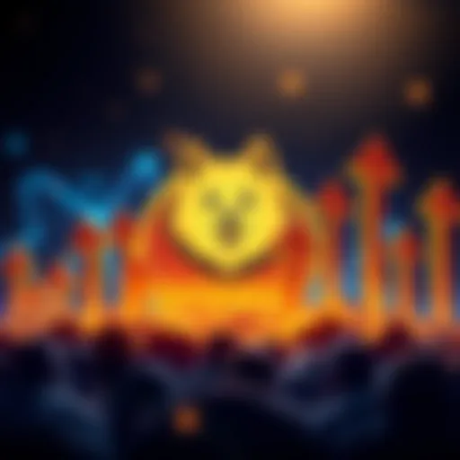 A Dogecoin logo surrounded by optimistic symbols like arrows pointing up, representing a hopeful future for DOGE in 2027.