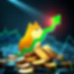 A graphic showing a rising Dogecoin symbol with a green arrow indicating an increase in value, alongside gold bars.