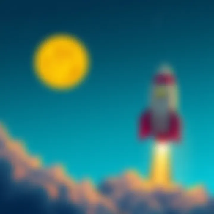Dogecoin Rocket Launch A cartoon rocket shaped like the Dogecoin logo taking off into the sky, symbolizing the surge in Dogecoin's popularity and aspiration to reach $1.