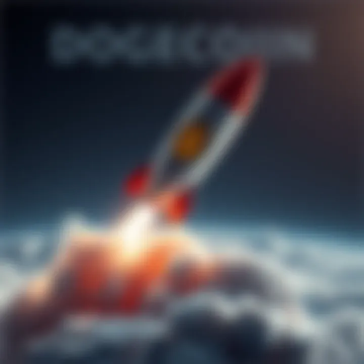 A rocket with the Dogecoin logo taking off, symbolizing its rise in the cryptocurrency market.