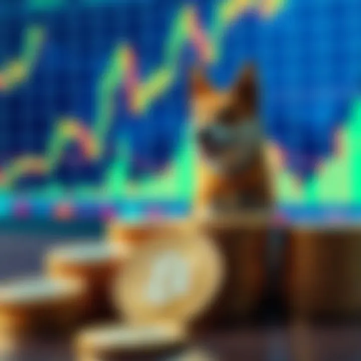 A close-up of Dogecoin tokens stacked on a table, with a backdrop of a bullish stock chart indicating positive market trends.