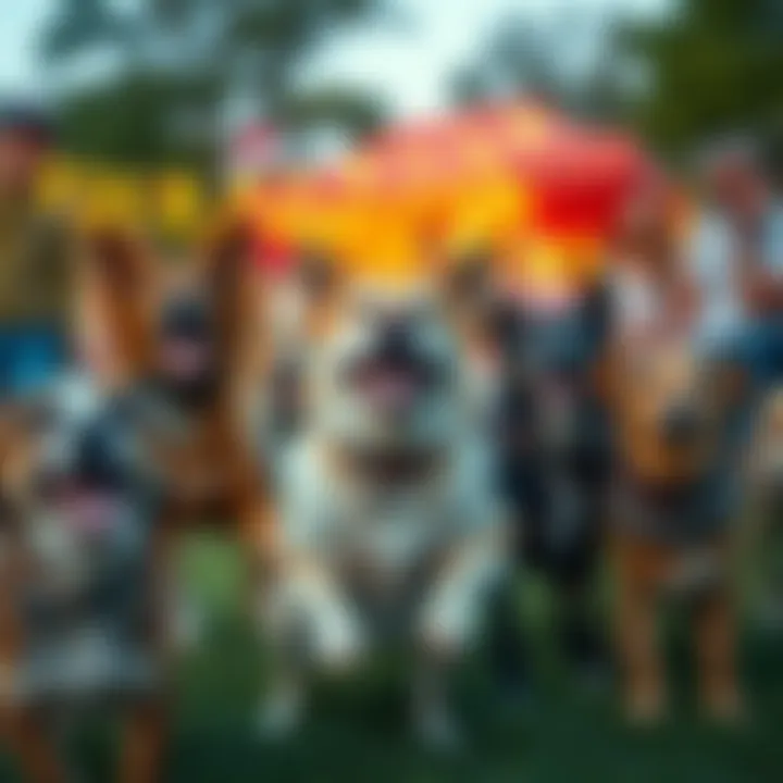 A cheerful group of dogs playing outside with a festive atmosphere, capturing the spirit of the song ‘Who Let the Dogs Out?’