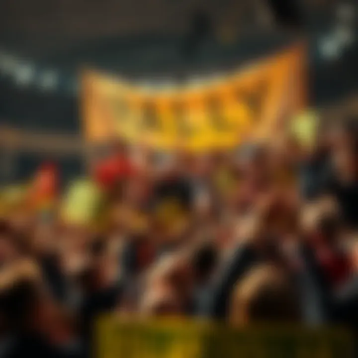 A crowd of excited investors celebrating the rise of the dollar rally with banners and signs.