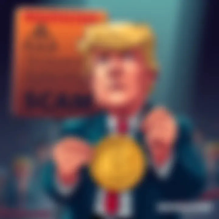 Illustration of a cartoonish Donald Trump holding a coin with a meme design, with a warning sign in the background about scams.