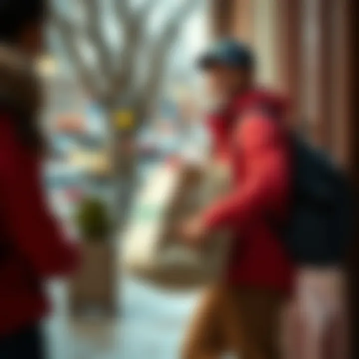 A DoorDash driver in a red jacket delivers food to a customer at their doorstep, with a smile and a delivery bag in hand.