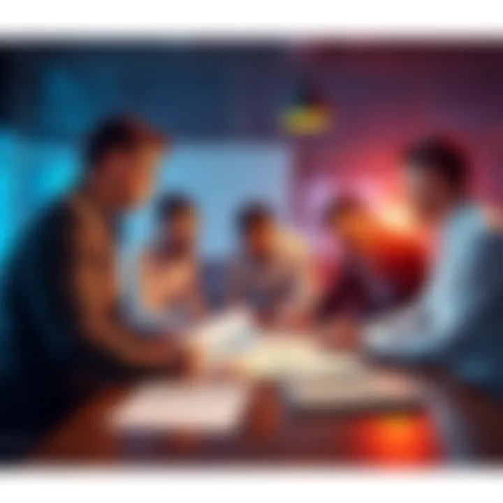 A group of determined investors gathered around a table, reviewing charts and discussing market trends, reflecting their commitment during a bear market.