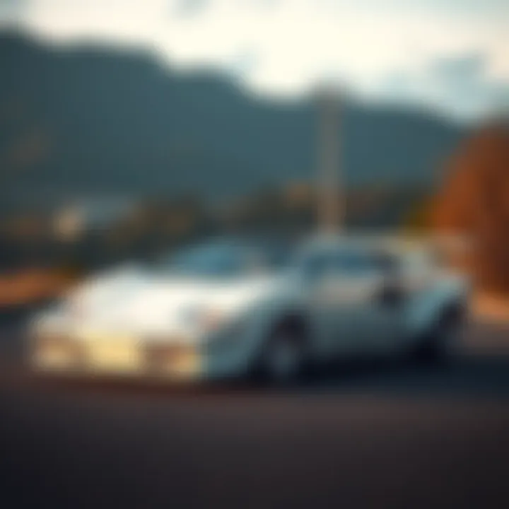 A classic white 1990 Lamborghini Countach parked in a scenic location, showcasing its sleek design and iconic shape.