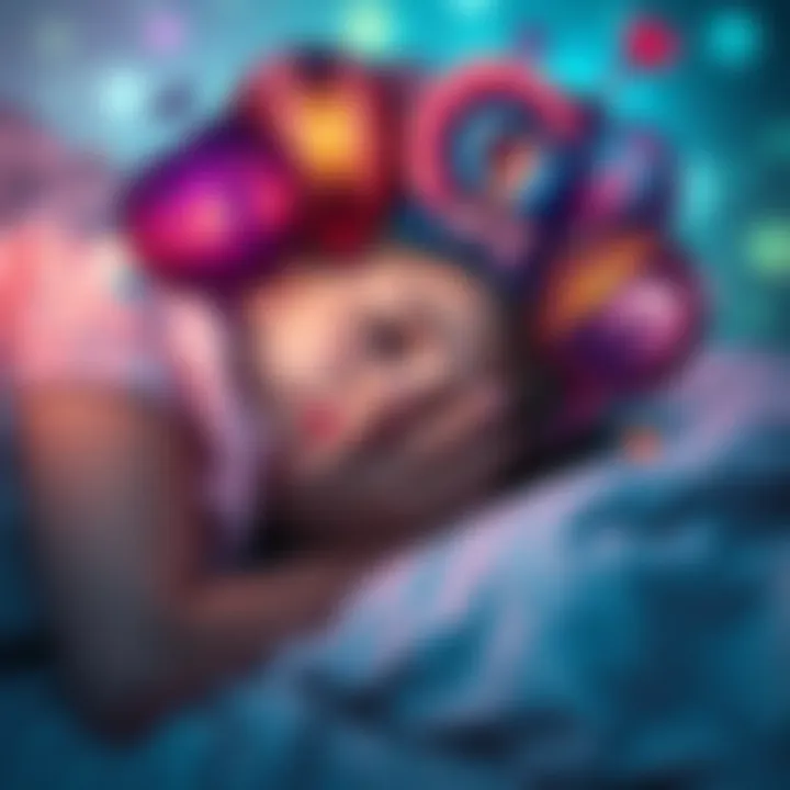 Dreams and Thoughts A person sleeping peacefully with colorful dream bubbles above their head, showing different scenes of everyday life and emotions.
