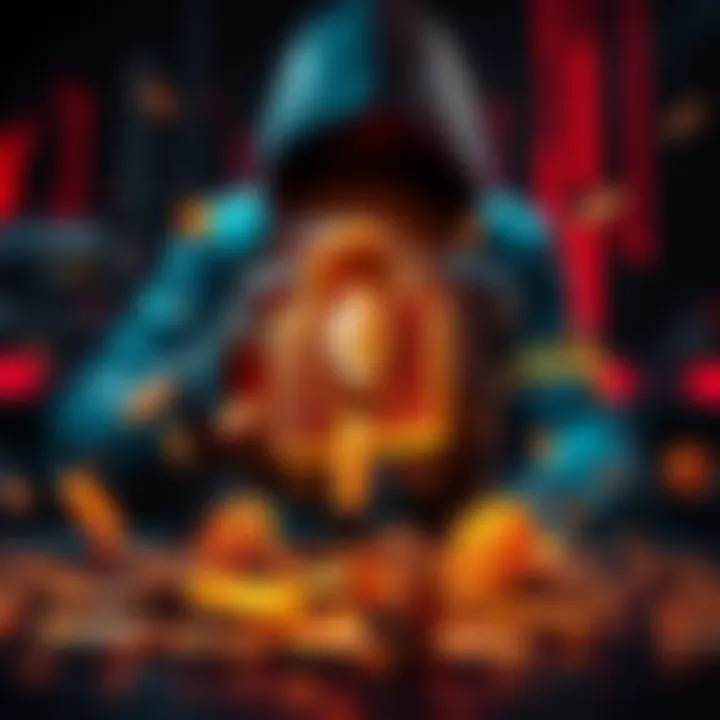 A digital representation of a hacker exploiting vulnerabilities in Drift Protocol, showing a broken lock symbol and falling coins, illustrating a significant financial loss.