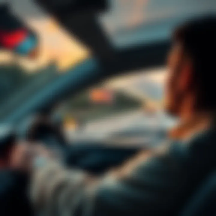 Driver's Earnings Discussion A driver contemplating earnings while looking at a dashboard and road ahead, symbolizing the discussion about driving rates and miles
