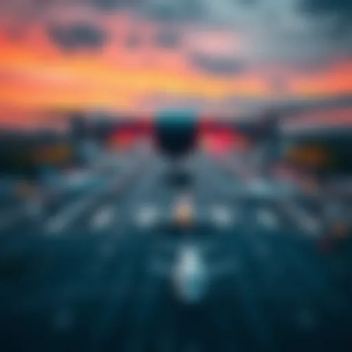 A drone delivering a package above an airport runway with planes in the background