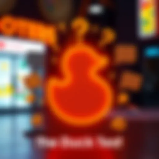 A duck icon representing the Duck Test, surrounded by various community engagement symbols like question marks and chat bubbles.