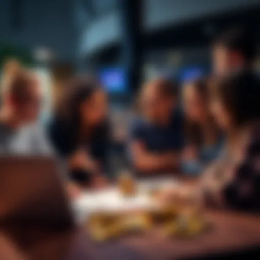 A diverse group of people discussing various methods to earn cryptocurrency, featuring a laptop, charts, and coins on a table.