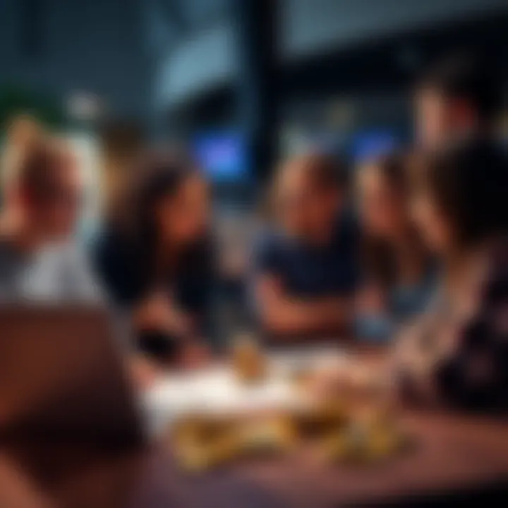 A diverse group of people discussing various methods to earn cryptocurrency, featuring a laptop, charts, and coins on a table.