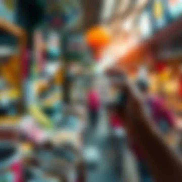 A person using a mobile phone to scan a QR code for crypto payments in a bustling market in Vietnam or the Philippines