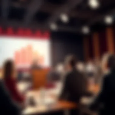 A group of people discussing economic policies in a heated debate setting with charts and graphs visible.