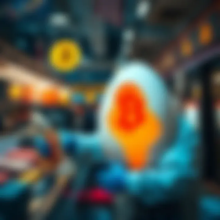 A person dressed as an egg, prominently featured while purchasing Bitcoin at a market, surrounded by charts and cryptocurrency symbols.