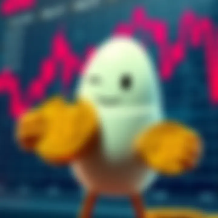 A character known as Egg Man holding Bitcoin coins with a declining price chart in the background, symbolizing his strategy to buy more Bitcoin as prices drop.