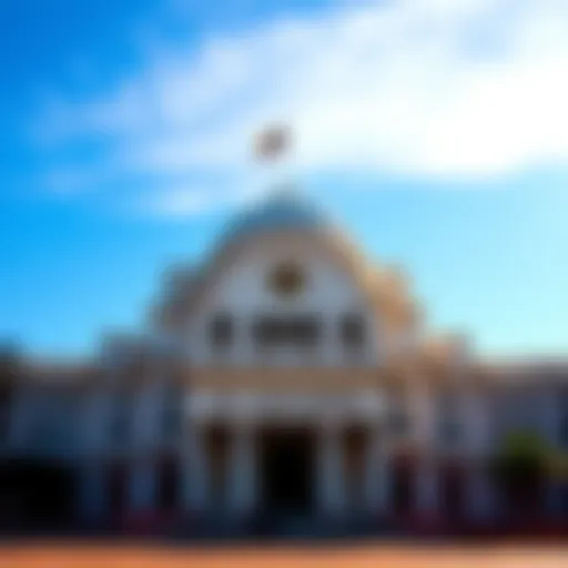 The government building of El Salvador with a clear blue sky in the background, symbolizing transparency and financial progress.
