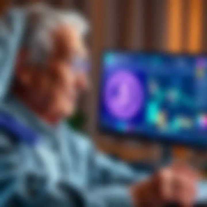 A 71-year-old person looking at a computer screen with crypto wallet graphics, appearing thoughtful and concerned about funding options.