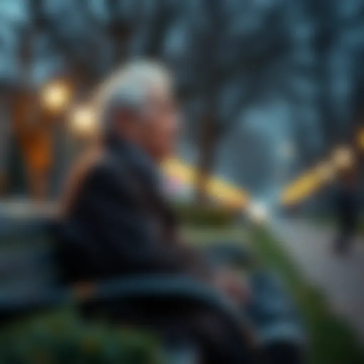 An elderly person sitting on a park bench, looking thoughtfully into the distance, reflecting on age and life experiences.