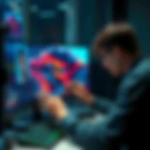 A person manually editing a digital artwork on a computer, focusing on improving image clarity and sharpness