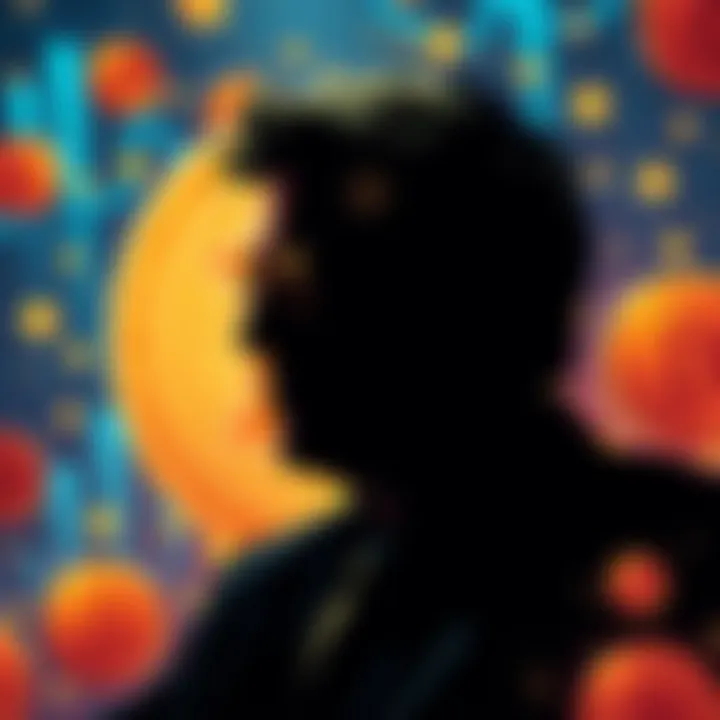 A digital illustration showing a silhouette of Jeffrey Epstein surrounded by Bitcoin symbols and cryptocurrency graphics.