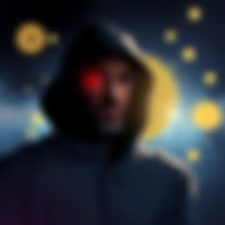 Illustration showing a shadowy figure representing Epstein with Bitcoin symbols in the background, highlighting his alleged influence.