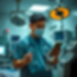 ER doctor in night shift An emergency room doctor in scrubs looking at his phone with Bitcoin charts, surrounded by hospital equipment