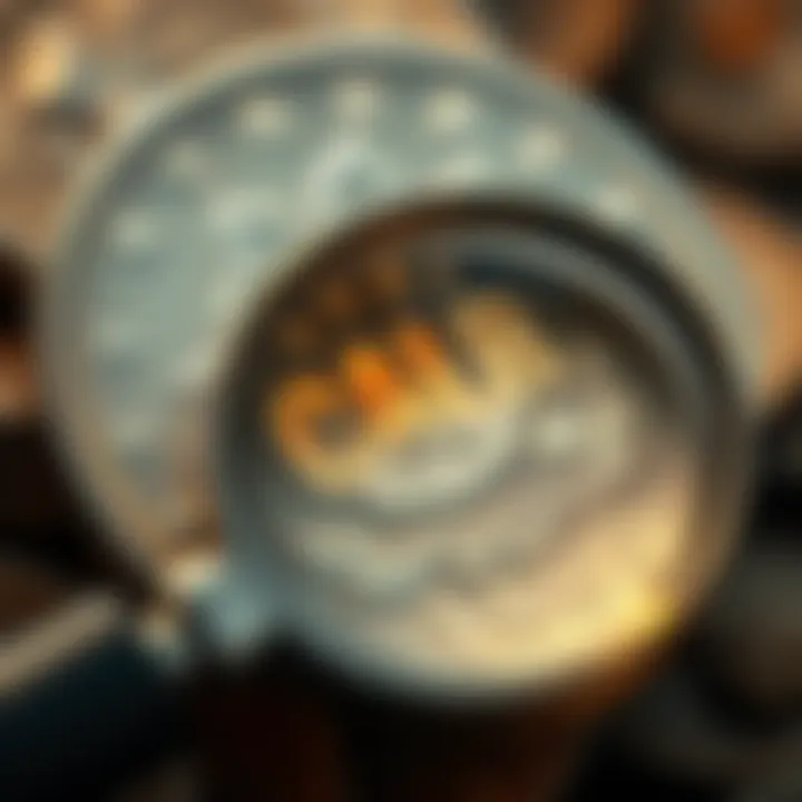 A close-up of a rare coin showing a possible error, with a magnifying glass beside it. Coin collecting enthusiasts are discussing its authenticity.