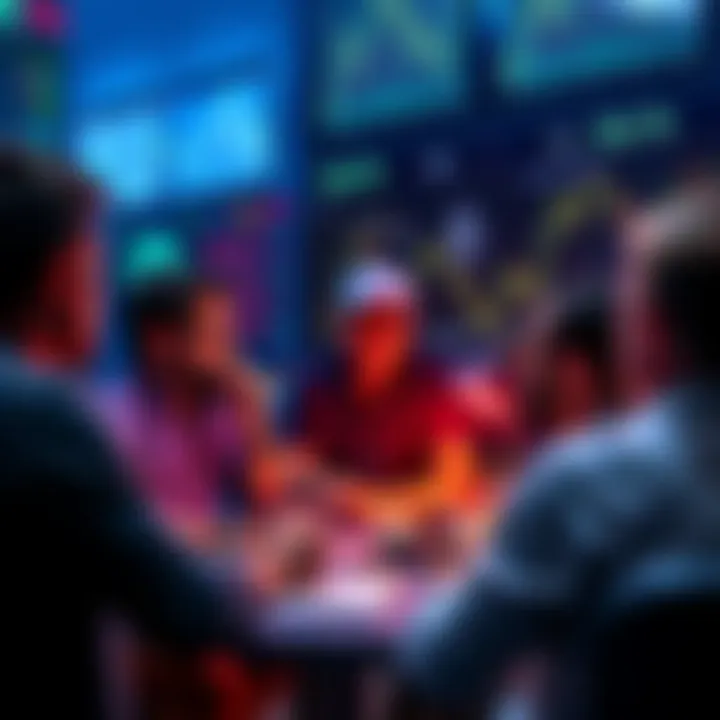 People engaging in a discussion about Ethereum with charts and news articles in the background.