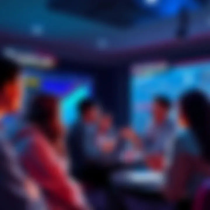 A group of people engaged in a discussion about Ethereum, with charts and news articles displayed in the background