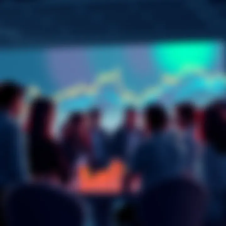 Ethereum Discussion Forum A group of people chatting about Ethereum topics, with graphs showing price trends in the background.