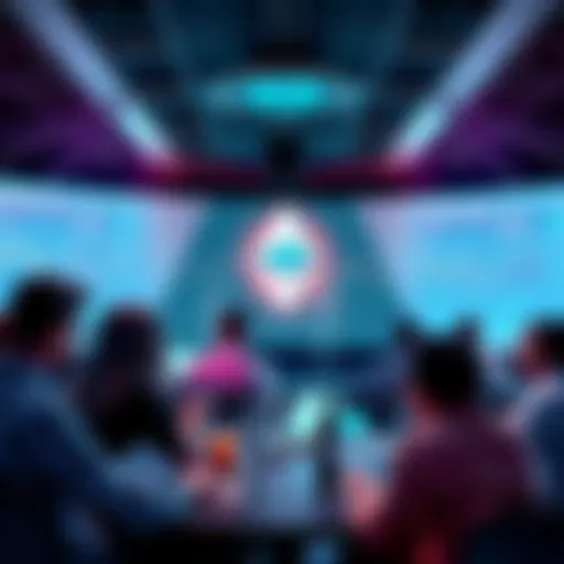 A group of people discussing Ethereum updates in a forum setting with digital charts and graphs visible.