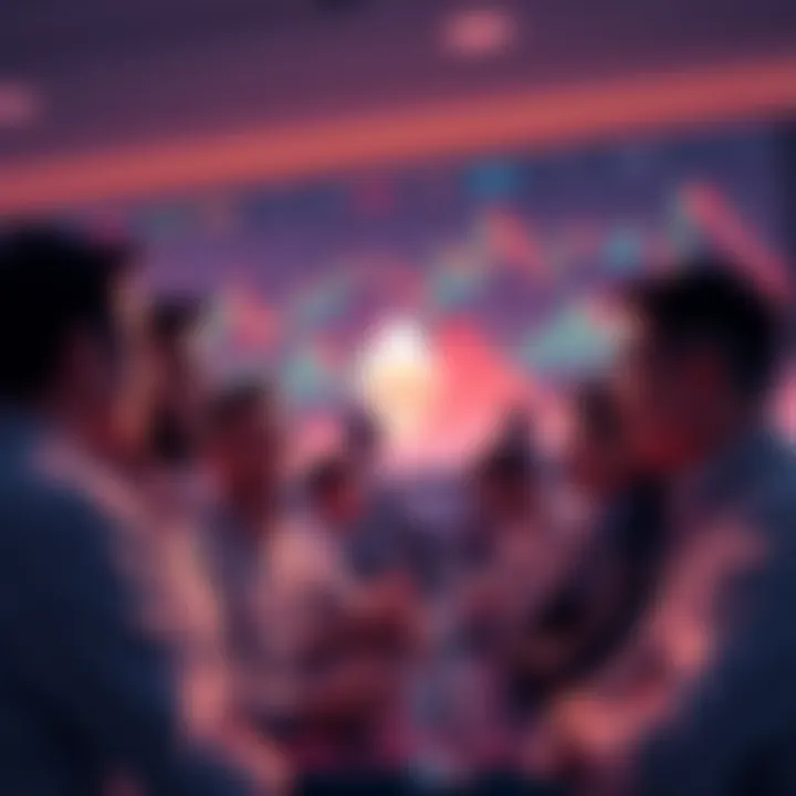 A group of people engaging in a lively conversation about Ethereum, with charts and graphs in the background showing price movements.