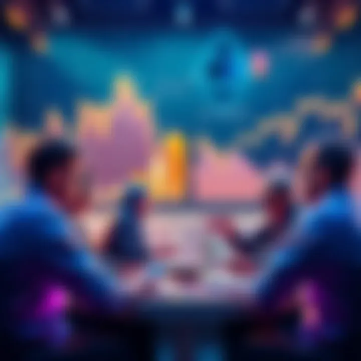 A group of people discussing Ethereum and cryptocurrency news, with charts and graphs in the background.