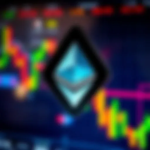 Ethereum logo with a background showing a fluctuating cryptocurrency market, symbolizing its resilience amid market challenges.