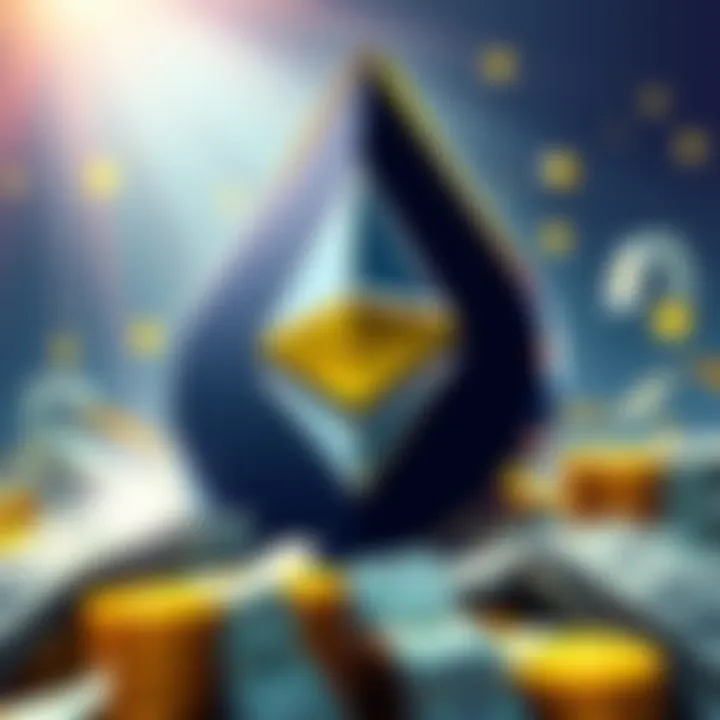 Illustration of Ethereum symbol with cash flow and institutional investments, showing a stable price status amidst growing interest.