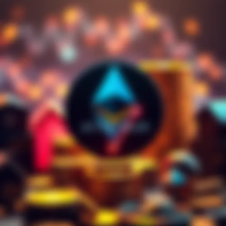 Visual representation of Ethereum symbol with arrows indicating growth, and stacks of real-world assets like gold and property icons in the background.