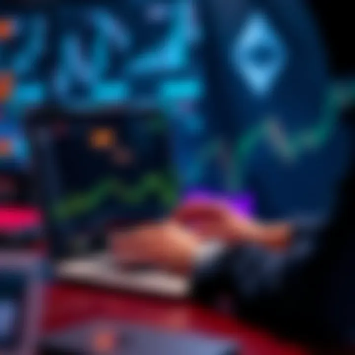 A person using a laptop to trade Ethereum on a digital platform with graphs and charts visible on the screen.