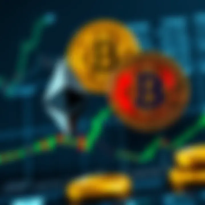 A chart showing Ethereum's price dropping to $1,850 and Bitcoin rising to $67,000, illustrating the contrasting movements in the crypto market.