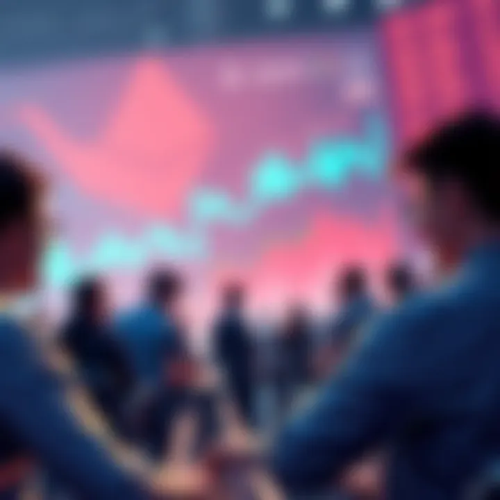 Ethereum Community Discussion People discussing Ethereum topics with charts and news highlights in the background