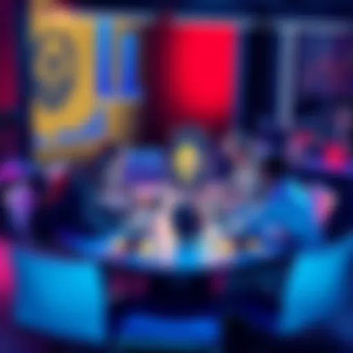 A group of people discussing Ethereum topics at a round table with laptops and charts on display, highlighting market trends and community events.