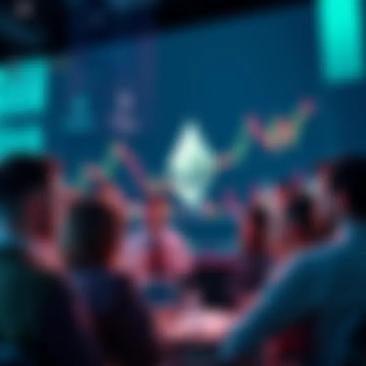 Group of people discussing Ethereum with charts and graphs in the background