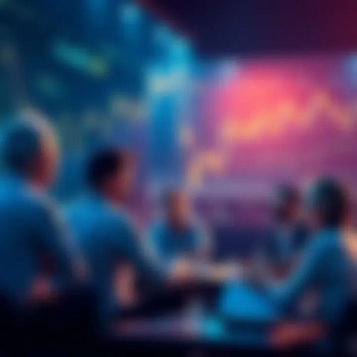 A group of people engaged in discussions about Ethereum, sharing insights and news, with charts and graphs in the background showing price trends.