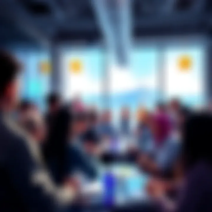 A group of diverse people engaging in a lively discussion about Ethereum topics and price analysis in a community forum setting.