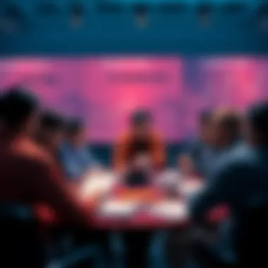 Participants engaging in a discussion about Ethereum with charts and news articles around them