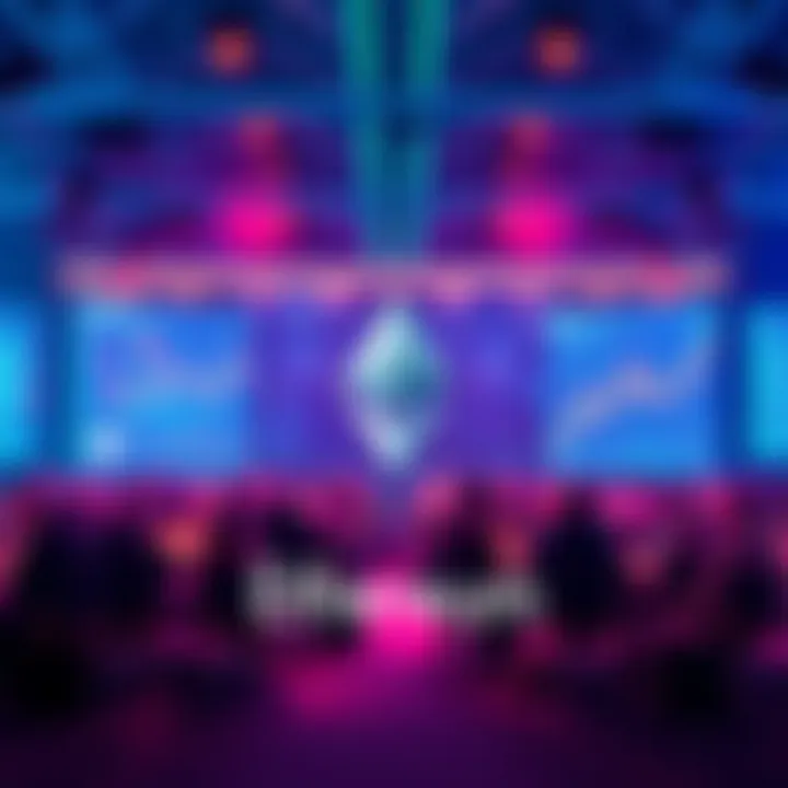 Ethereum Discussion Forum A vibrant online forum for Ethereum discussions with comments and topics about price trends and news, featuring a digital design and Ethereum logo.
