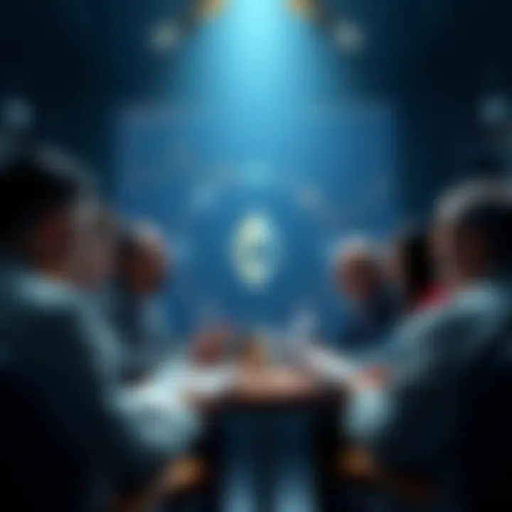 A group of people discussing Ethereum with charts and news articles around them.